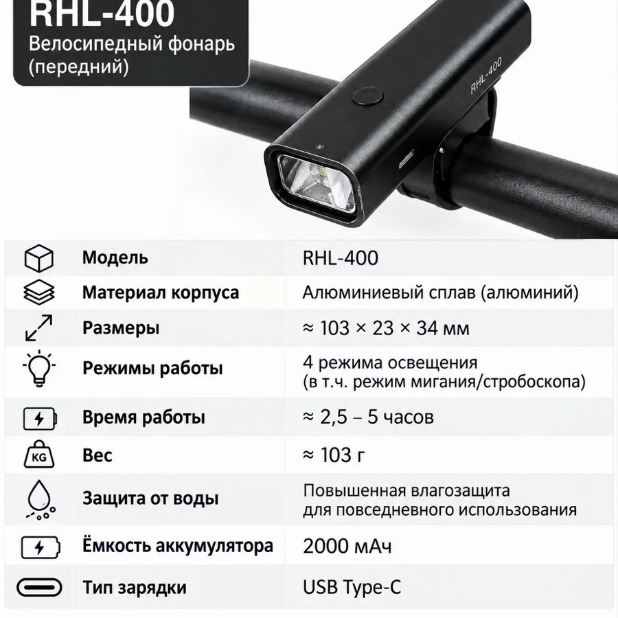 Передний велосипедный фонарь RHL-400, новый