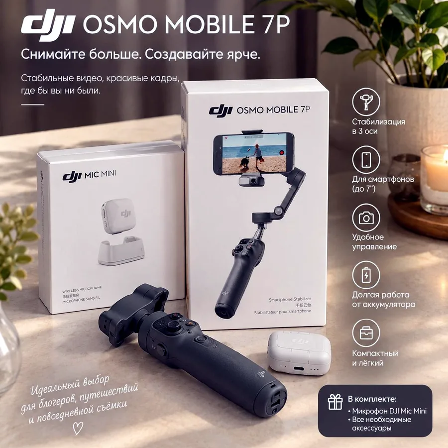 DJI Osmo Mobile 7P + DJI Mic Mini, новый