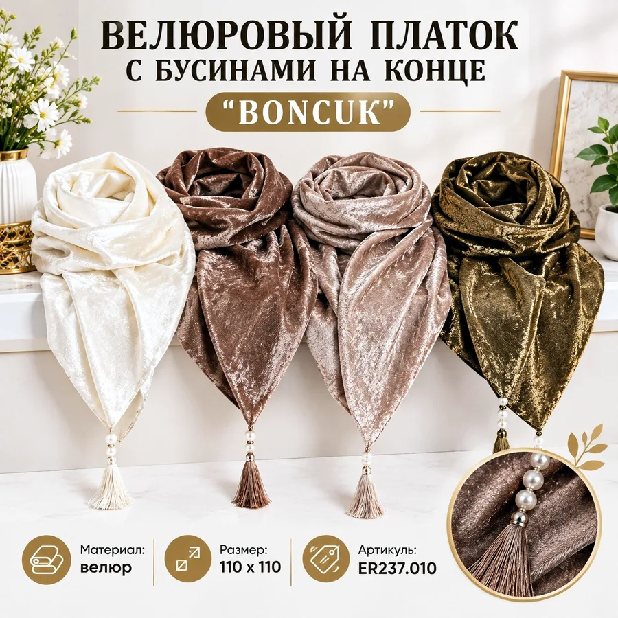 Платок велюровый с бусинами Boncuk, 110x110