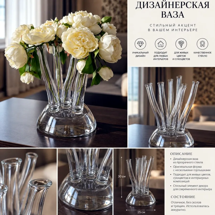 Дизайнерская ваза из стекла, 25-30 см
