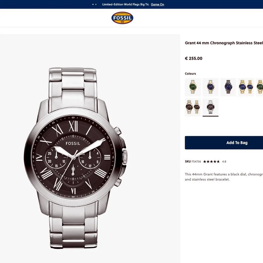 Часы Fossil Grant 44 mm Chronograph