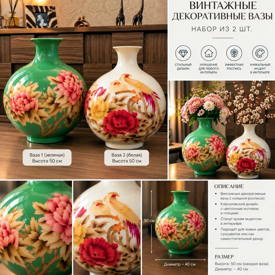 Винтажные декоративные вазы, набор из 2 шт